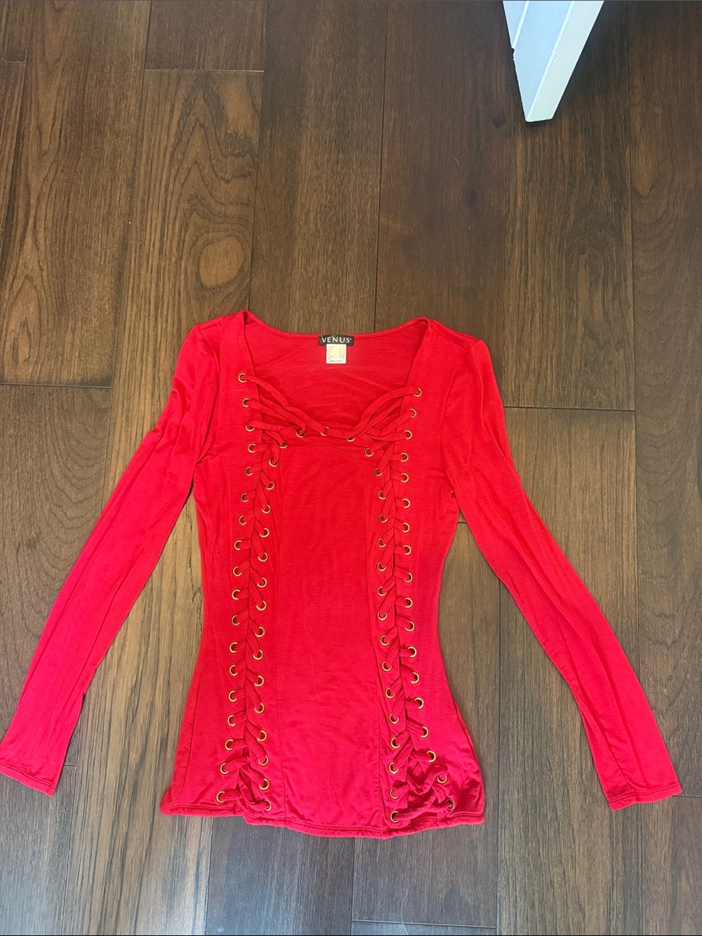 VENUS Red Lace-Up Long Sleeve Scoop Neck Top